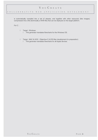 Y O U C R E A T E 
C O L L A B O R A T I V E W E B A P P L I C A T I O N D E V E L O M E N T 
is automatically compiled into a set of classes, and together with other resources (like images) 
compressed into a file (technically a WAR file) that can be deployed on the target platform. 
For C : 
 Target : Windows 
 This generator translates flowcharts for the Windows OS. 
 Target : MAC & iXXX : Objective-C & IOS Mac development (in preparation) 
 This generator translates flowcharts for all Apple devices. 
YO UCR E A T E P A G E 6 
 