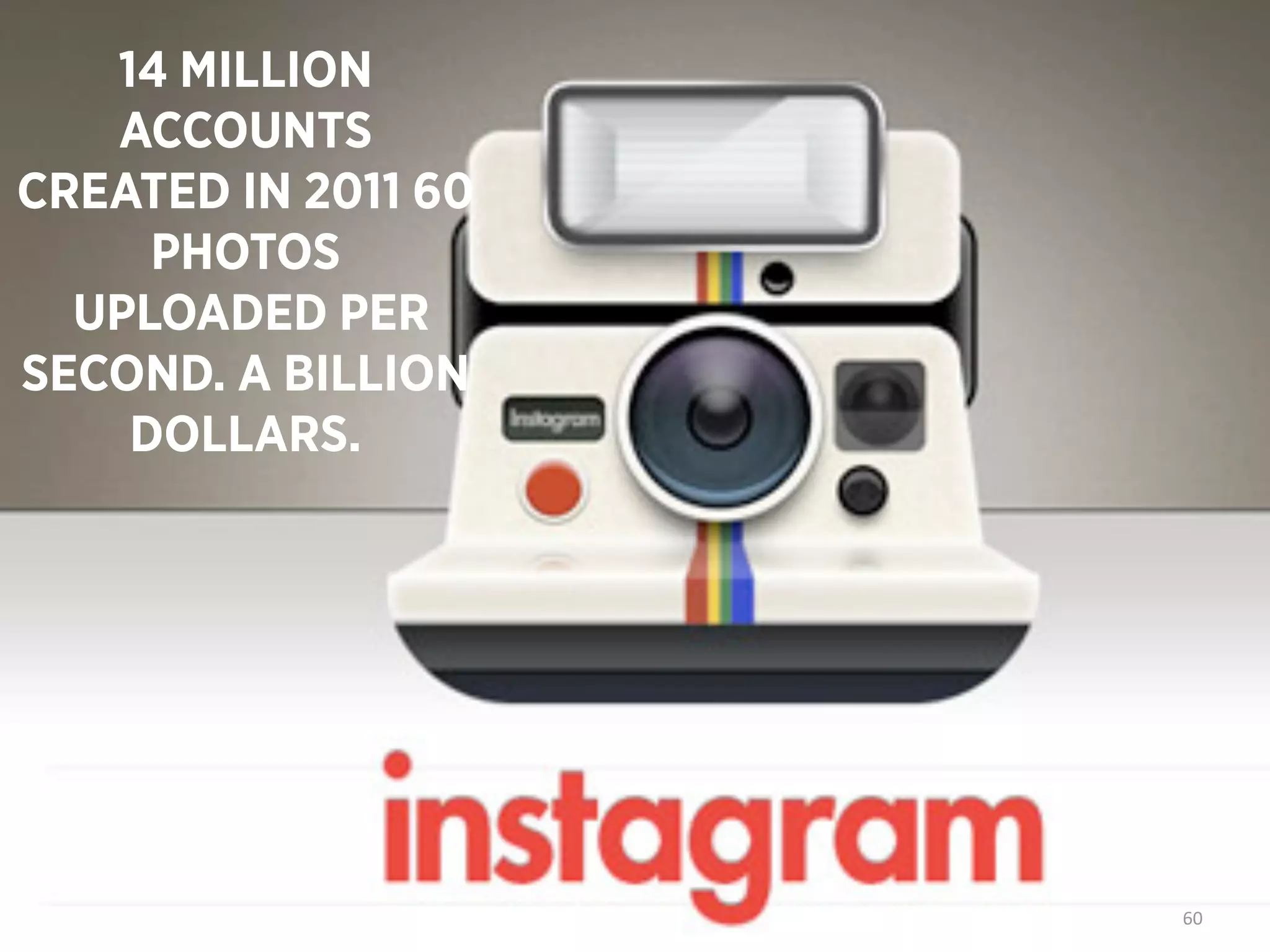 14 MILLION
   ACCOUNTS
CREATED IN 2011 60
     PHOTOS
  UPLOADED PER
SECOND. A BILLION
    DOLLARS.




                     60
 