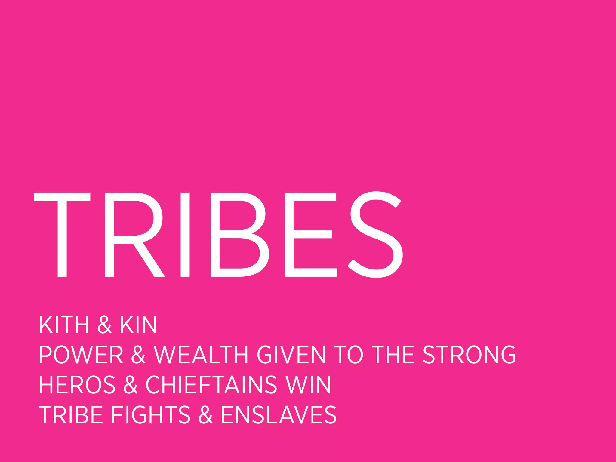 TRIBES
KITH & KIN
POWER & WEALTH GIVEN TO THE STRONG
HEROS & CHIEFTAINS WIN
TRIBE FIGHTS & ENSLAVES
 