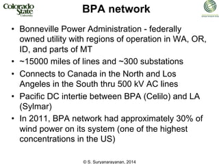 © S. Suryanarayanan, 2014
BPA network
• Bonneville Power Administration - federally
owned utility with regions of operation in WA, OR,
ID, and parts of MT
• ~15000 miles of lines and ~300 substations
• Connects to Canada in the North and Los
Angeles in the South thru 500 kV AC lines
• Pacific DC intertie between BPA (Celilo) and LA
(Sylmar)
• In 2011, BPA network had approximately 30% of
wind power on its system (one of the highest
concentrations in the US)
 