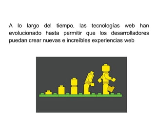 A lo largo del tiempo, las tecnologías web han
evolucionado hasta permitir que los desarrolladores
puedan crear nuevas e increíbles experiencias web
 