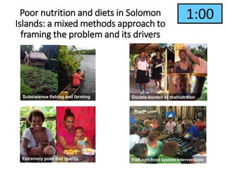 Poor nutrition and diets in Solomon
Islands: a mixed methods approach to
framing the problem and its drivers
1:000:590:580:570:560:550:540:530:520:510:500:490:480:470:460:450:440:430:420:410:400:390:380:370:360:350:340:330:320:310:300:290:280:270:260:250:240:230:220:210:200:190:180:170:160:150:140:130:120:110:100:090:080:070:060:050:040:030:020:01End1:00
Double-burden of malnutritionSubsistence fishing and farming
Extremely poor diet quality Fish agri-food system interventions
 