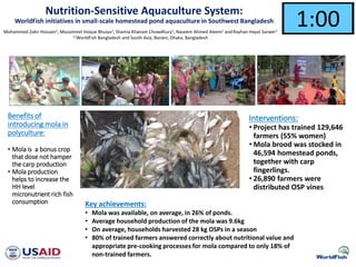 Nutrition-Sensitive Aquaculture System:
WorldFish initiatives in small-scale homestead pond aquaculture in Southwest Bangladesh 1:000:590:580:570:560:550:540:530:520:510:500:490:480:470:460:450:440:430:420:410:400:390:380:370:360:350:340:330:320:310:300:290:280:270:260:250:240:230:220:210:200:190:180:170:160:150:140:130:120:110:100:090:080:070:060:050:040:030:020:01End1:00
Interventions:
• Project has trained 129,646
farmers (55% women)
• Mola brood was stocked in
46,594 homestead ponds,
together with carp
fingerlings.
• 26,890 farmers were
distributed OSP vines
Mohammed Zakir Hossain1, Mozammel Hoque Bhuiya1, Shamia Khanam Chowdhury1, Naseem Ahmed Aleem1 and Rayhan Hayat Sarwer1
11WorldFish Bangladesh and South Asia, Banani, Dhaka, Bangladesh
Benefits of
introducing mola in
polyculture:
• Mola is a bonus crop
that dose not hamper
the carp production
• Mola production
helps to increase the
HH level
micronutrient rich fish
consumption Key achievements:
• Mola was available, on average, in 26% of ponds.
• Average household production of the mola was 9.6kg
• On average, households harvested 28 kg OSPs in a season
• 80% of trained farmers answered correctly about nutritional value and
appropriate pre-cooking processes for mola compared to only 18% of
non-trained farmers.
 
