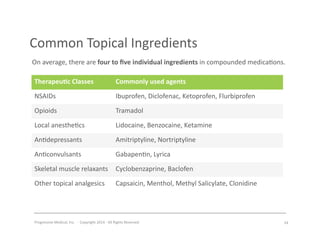 Progressive	
  Medical,	
  Inc.	
  	
  -­‐	
  	
  Copyright	
  2014	
  -­‐	
  All	
  Rights	
  Reserved	
  
Common	
  Topical	
  Ingredients	
  	
  
On	
  average,	
  there	
  are	
  four	
  to	
  ﬁve	
  individual	
  ingredients	
  in	
  compounded	
  medica#ons.	
  
Therapeu7c	
  Classes	
   Commonly	
  used	
  agents	
  
NSAIDs	
   Ibuprofen,	
  Diclofenac,	
  Ketoprofen,	
  Flurbiprofen	
  
Opioids	
   Tramadol	
  
Local	
  anesthe#cs	
   Lidocaine,	
  Benzocaine,	
  Ketamine	
  
An#depressants	
   Amitriptyline,	
  Nortriptyline	
  
An#convulsants	
   Gabapen#n,	
  Lyrica	
  
Skeletal	
  muscle	
  relaxants	
   Cyclobenzaprine,	
  Baclofen	
  
Other	
  topical	
  analgesics	
   Capsaicin,	
  Menthol,	
  Methyl	
  Salicylate,	
  Clonidine	
  
24	
  
 