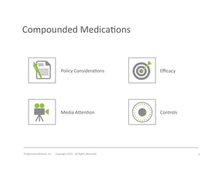 Progressive	
  Medical,	
  Inc.	
  	
  -­‐	
  	
  Copyright	
  2014	
  -­‐	
  All	
  Rights	
  Reserved	
  
Compounded	
  Medica#ons	
  
6	
  
Policy	
  Considera#ons	
  
Media	
  A^en#on	
  
Eﬃcacy	
  
Controls	
  
 
