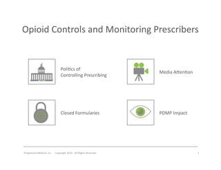 Progressive	
  Medical,	
  Inc.	
  	
  -­‐	
  	
  Copyright	
  2014	
  -­‐	
  All	
  Rights	
  Reserved	
  
Opioid	
  Controls	
  and	
  Monitoring	
  Prescribers	
  
7	
  
Poli#cs	
  of	
  	
  
Controlling	
  Prescribing	
  
Closed	
  Formularies	
  
Media	
  A^en#on	
  
PDMP	
  Impact	
  
 