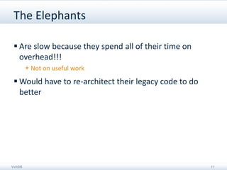 The Elephants

  Are slow because they spend all of their time on
   overhead!!!
         + Not on useful work

  Would have to re-architect their legacy code to do
   better




VoltDB                                                  11
 