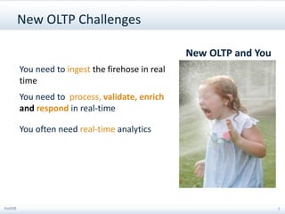 New OLTP Challenges

                                                 New OLTP and You
       You need to ingest the firehose in real
       time
       You need to process, validate, enrich
       and respond in real-time

       You often need real-time analytics




VoltDB
     VoltDB                                                    7    7
                                                                    7
 