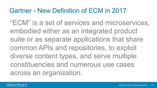 OpenText© 2017 All Rights Reserved. 13
“ECM” is a set of services and microservices,
embodied either as an integrated prod...
