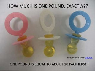 HOW MUCH IS ONE POUND, EXACTLY??




                               Photo credit From USCPSC


ONE POUND IS EQUAL TO ABOUT 10 PACIFIERS!!!
 