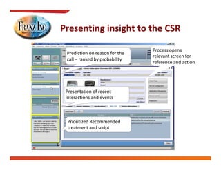 Presenting insight to the CSR
  ese t g s g t to t e CS

                                 Process opens 
 Prediction on reason for the 
 Prediction on reason for the
                                 relevant screen for 
 call – ranked by probability
                                 reference and action




 Presentation of recent 
 interactions and events  
                d



 Prioritized Recommended 
 treatment and script
 