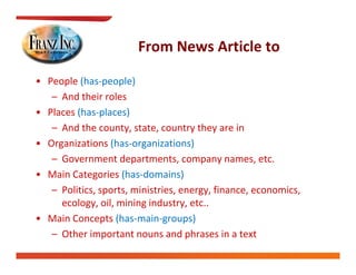 From News Article to
                        From News Article to

• People (has‐people)
      p (       p p )
   – And their roles
• Places (has‐places)
   – And the county, state, country they are in
• Organizations (has‐organizations)
   – Government departments, company names, etc.
• Main Categories (has‐domains)
   – Politics sports ministries energy finance economics
     Politics, sports, ministries, energy, finance, economics, 
     ecology, oil, mining industry, etc..
• Main Concepts (has‐main‐groups)
   – Other important nouns and phrases in a text
 