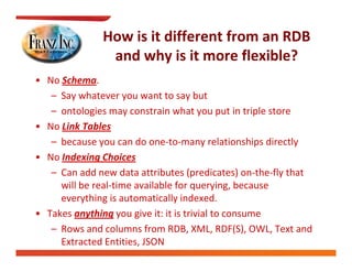 How is it different from an RDB 
                and why is it more flexible?
                  d h i i             fl ibl ?
• No Schema. 
   – Say whatever you want to say but
   – ontologies may constrain what you put in triple store
• No Link Tables 
   – because you can do one‐to‐many relationships directly
• No Indexing Choices
   – Can add new data attributes (predicates) on‐the‐fly that 
     will be real time available for querying, because 
     will be real‐time available for querying because
     everything is automatically indexed.
• Takes anything you give it: it is trivial to consume
   – Rows and columns from RDB, XML, RDF(S), OWL, Text and 
     Extracted Entities, JSON
 