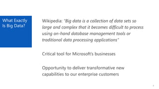 What Exactly
Is Big Data?
2
Wikipedia: “Big data is a collection of data sets so
large and complex that it becomes difficu...