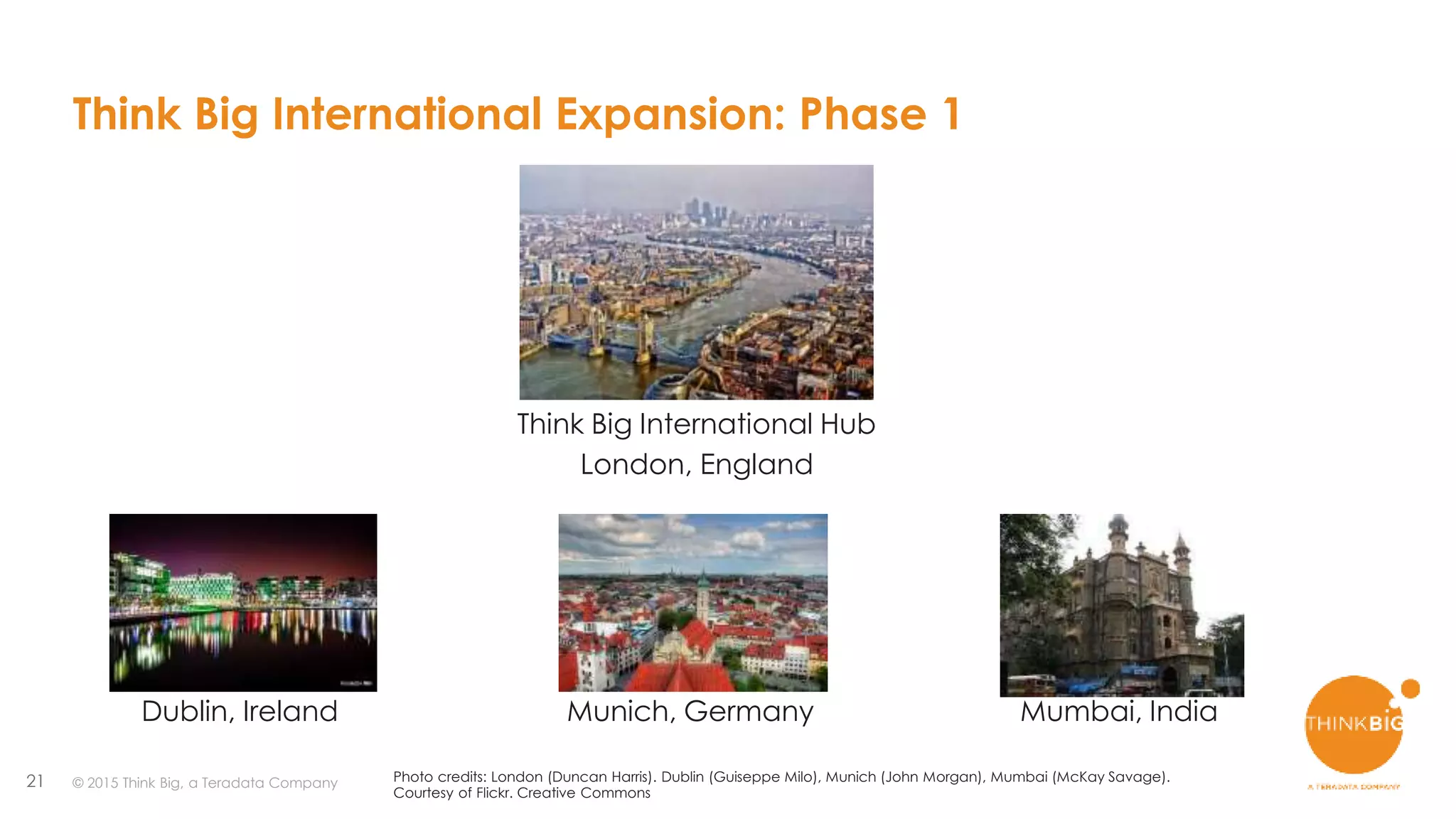 21 © 2015 Think Big, a Teradata Company
Dublin, Ireland Munich, Germany Mumbai, India
Think Big International Expansion: Phase 1
Think Big International Hub
London, England
Photo credits: London (Duncan Harris). Dublin (Guiseppe Milo), Munich (John Morgan), Mumbai (McKay Savage).
Courtesy of Flickr. Creative Commons
 
