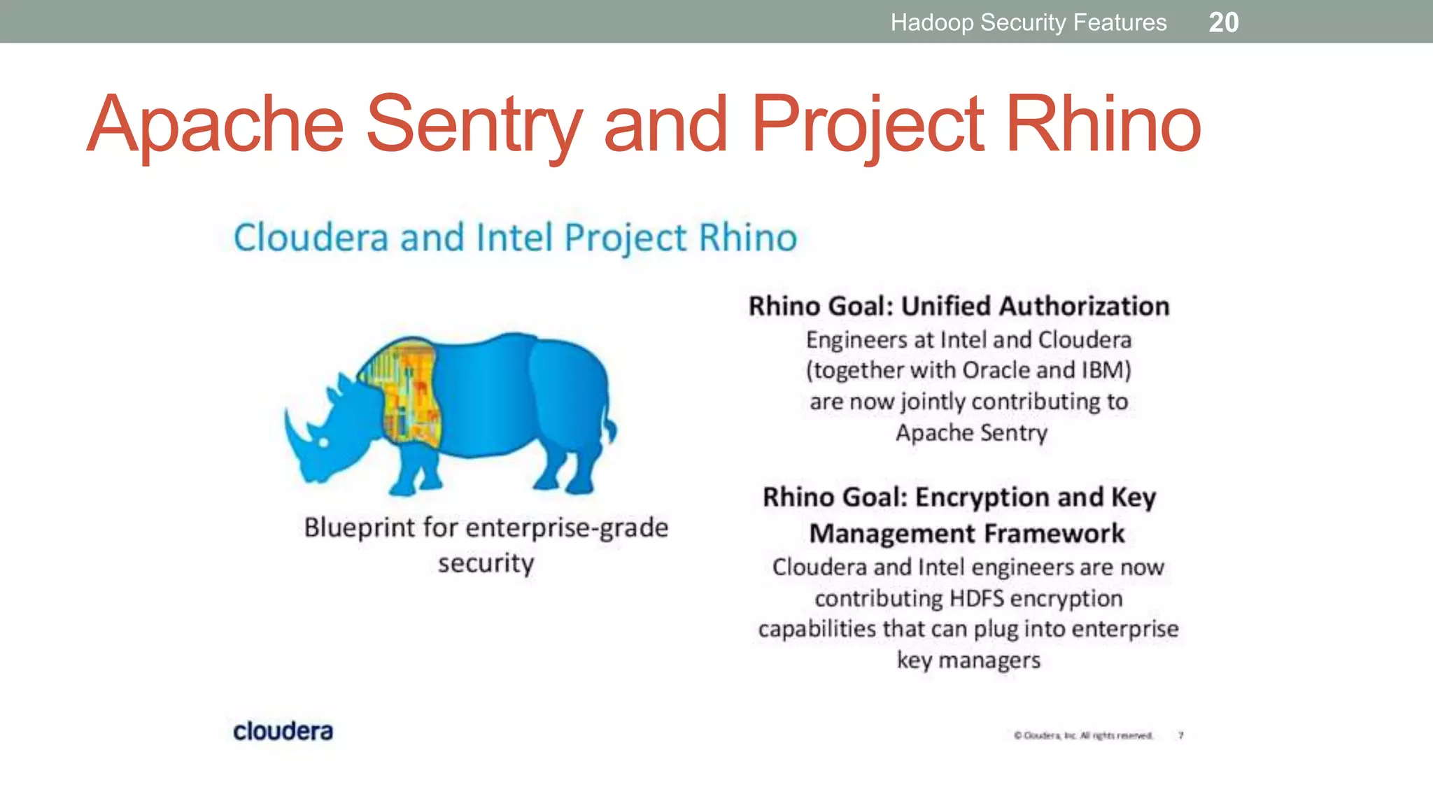 Apache Sentry and Project Rhino
Hadoop Security Features 20
 