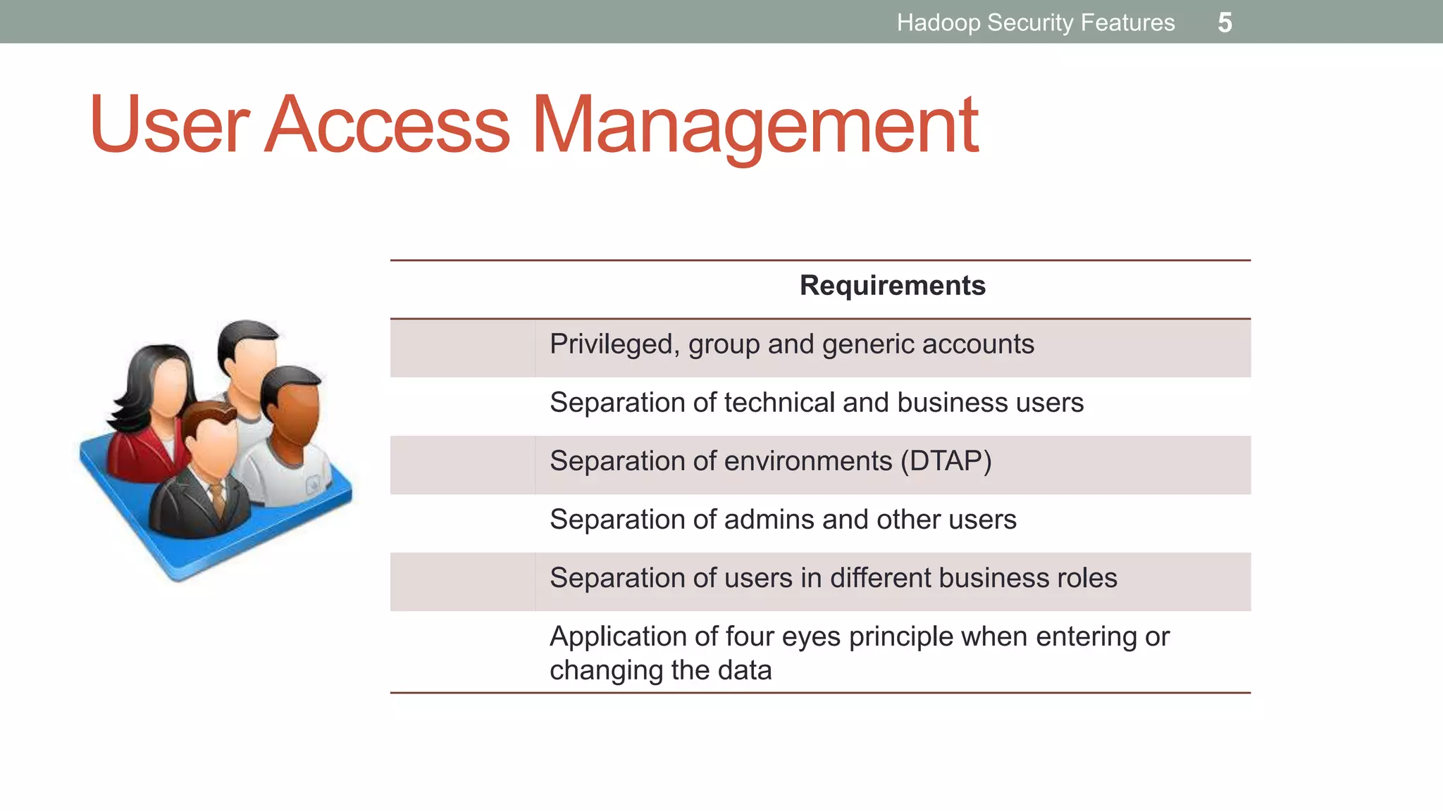 User Access Management
Requirements
Privileged, group and generic accounts
Separation of technical and business users
Separation of environments (DTAP)
Separation of admins and other users
Separation of users in different business roles
Application of four eyes principle when entering or
changing the data
Hadoop Security Features 5
 