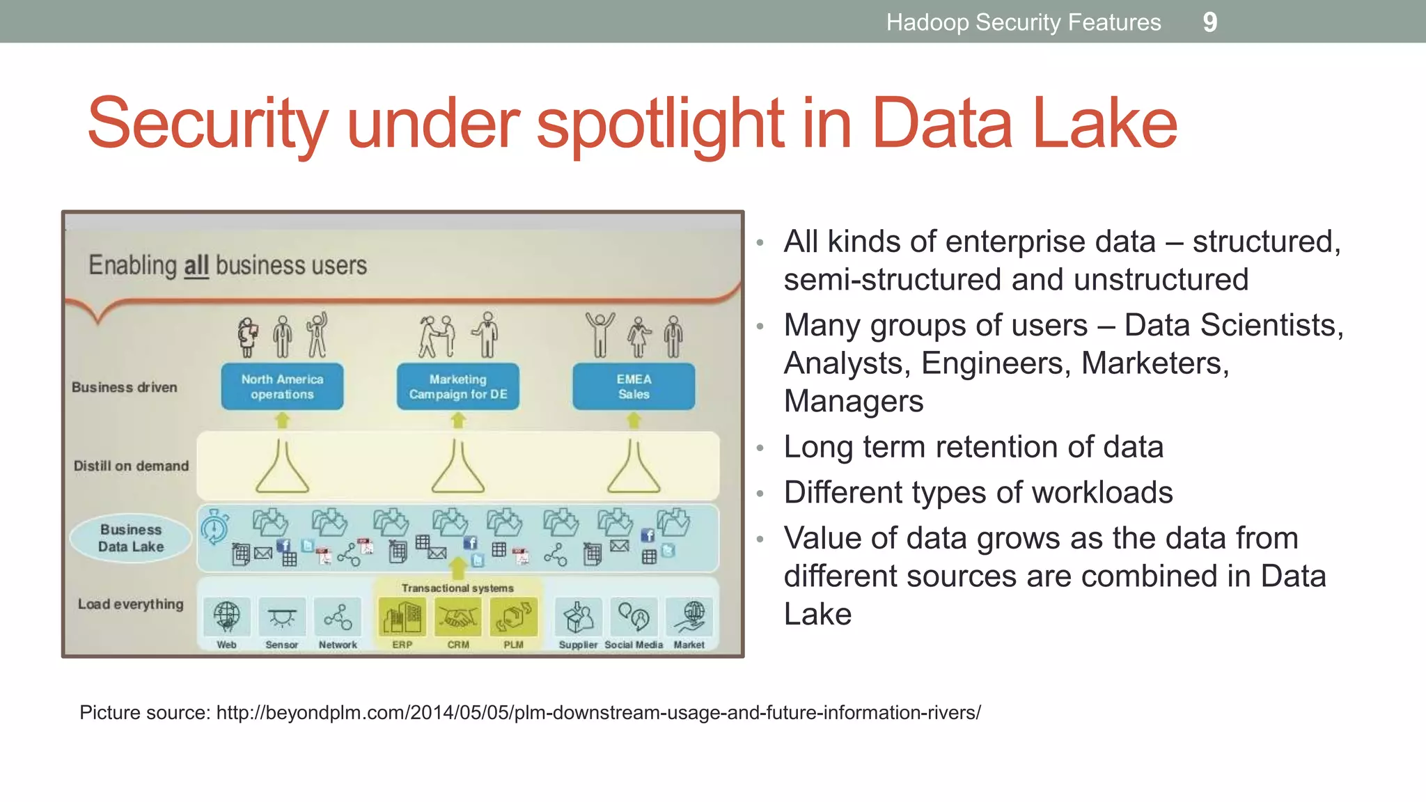 Security under spotlight in Data Lake
• All kinds of enterprise data – structured,
semi-structured and unstructured
• Many groups of users – Data Scientists,
Analysts, Engineers, Marketers,
Managers
• Long term retention of data
• Different types of workloads
• Value of data grows as the data from
different sources are combined in Data
Lake
Picture source: http://beyondplm.com/2014/05/05/plm-downstream-usage-and-future-information-rivers/
Hadoop Security Features 9
 