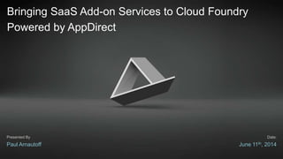 Bringing SaaS Add-on Services to Cloud Foundry
Powered by AppDirect
Paul Arnautoff June 11th, 2014
Presented By Date:
 