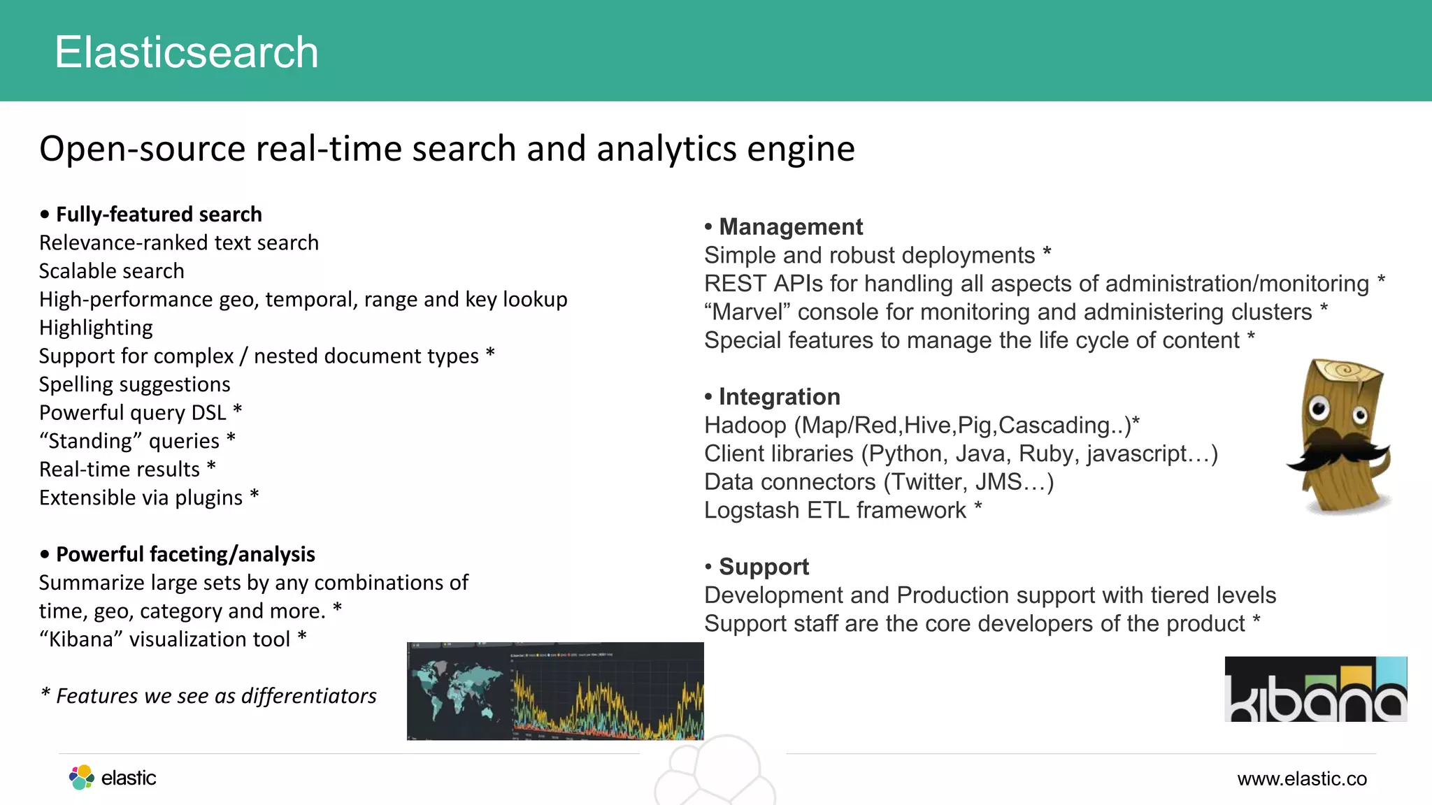 www.elastic.co
Elasticsearch
Open-source real-time search and analytics engine
• Fully-featured search
Relevance-ranked text search
Scalable search
High-performance geo, temporal, range and key lookup
Highlighting
Support for complex / nested document types *
Spelling suggestions
Powerful query DSL *
“Standing” queries *
Real-time results *
Extensible via plugins *
• Powerful faceting/analysis
Summarize large sets by any combinations of
time, geo, category and more. *
“Kibana” visualization tool *
* Features we see as differentiators
• Management
Simple and robust deployments *
REST APIs for handling all aspects of administration/monitoring *
“Marvel” console for monitoring and administering clusters *
Special features to manage the life cycle of content *
• Integration
Hadoop (Map/Red,Hive,Pig,Cascading..)*
Client libraries (Python, Java, Ruby, javascript…)
Data connectors (Twitter, JMS…)
Logstash ETL framework *
• Support
Development and Production support with tiered levels
Support staff are the core developers of the product *
 
