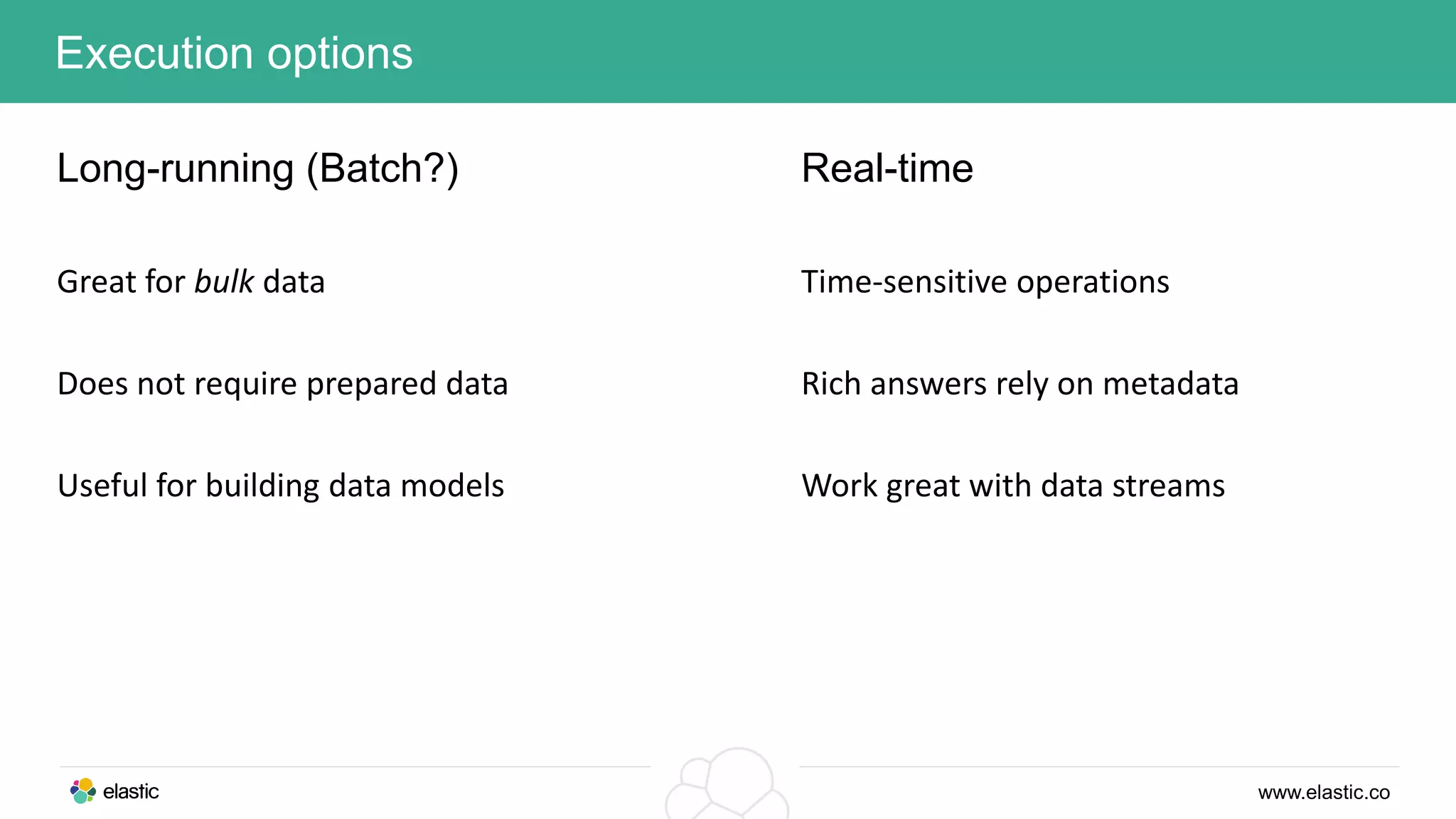 www.elastic.co
Great for bulk data
Does not require prepared data
Useful for building data models
Execution options
Long-running (Batch?)
Time-sensitive operations
Rich answers rely on metadata
Work great with data streams
Real-time
 