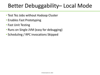 © Hortonworks Inc. 2015
Better Debuggability– Local Mode
• Test Tez Jobs without Hadoop Cluster
• Enables Fast Prototyping
• Fast Unit Testing
• Runs on Single JVM (easy for debugging)
• Scheduling / RPC invocations Skipped
 
