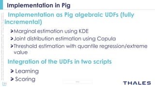 11
OPEN
Thisdocumentmaynotbereproduced,modified,adapted,published,translated,inanyway,inwholeorin
partordisclosedtoathirdpartywithoutthepriorwrittenconsentofThales-©Thales2015Allrightsreserved.
Implementation in Pig
Implementation as Pig algebraic UDFs (fully
incremental)
Marginal estimation using KDE
Joint distribution estimation using Copula
Threshold estimation with quantile regression/extreme
value
Integration of the UDFs in two scripts
Learning
Scoring
 