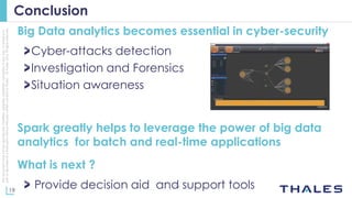 19
OPEN
Thisdocumentmaynotbereproduced,modified,adapted,published,translated,inanyway,inwholeorin
partordisclosedtoathirdpartywithoutthepriorwrittenconsentofThales-©Thales2015Allrightsreserved.
Conclusion
Big Data analytics becomes essential in cyber-security
Cyber-attacks detection
Investigation and Forensics
Situation awareness
Spark greatly helps to leverage the power of big data
analytics for batch and real-time applications
What is next ?
Provide decision aid and support tools
 