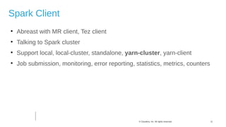 11© Cloudera, Inc. All rights reserved.
Spark Client

Abreast with MR client, Tez client

Talking to Spark cluster

Support local, local-cluster, standalone, yarn-cluster, yarn-client

Job submission, monitoring, error reporting, statistics, metrics, counters
 