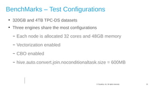 24© Cloudera, Inc. All rights reserved.
BenchMarks – Test Configurations

320GB and 4TB TPC-DS datasets

Three engines share the most configurations
– Each node is allocated 32 cores and 48GB memory
– Vectorization enabled
– CBO enabled
– hive.auto.convert.join.noconditionaltask.size = 600MB
 