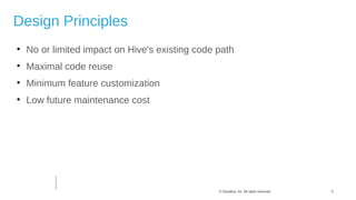 6© Cloudera, Inc. All rights reserved.
Design Principles

No or limited impact on Hive's existing code path

Maximal code reuse

Minimum feature customization

Low future maintenance cost
 