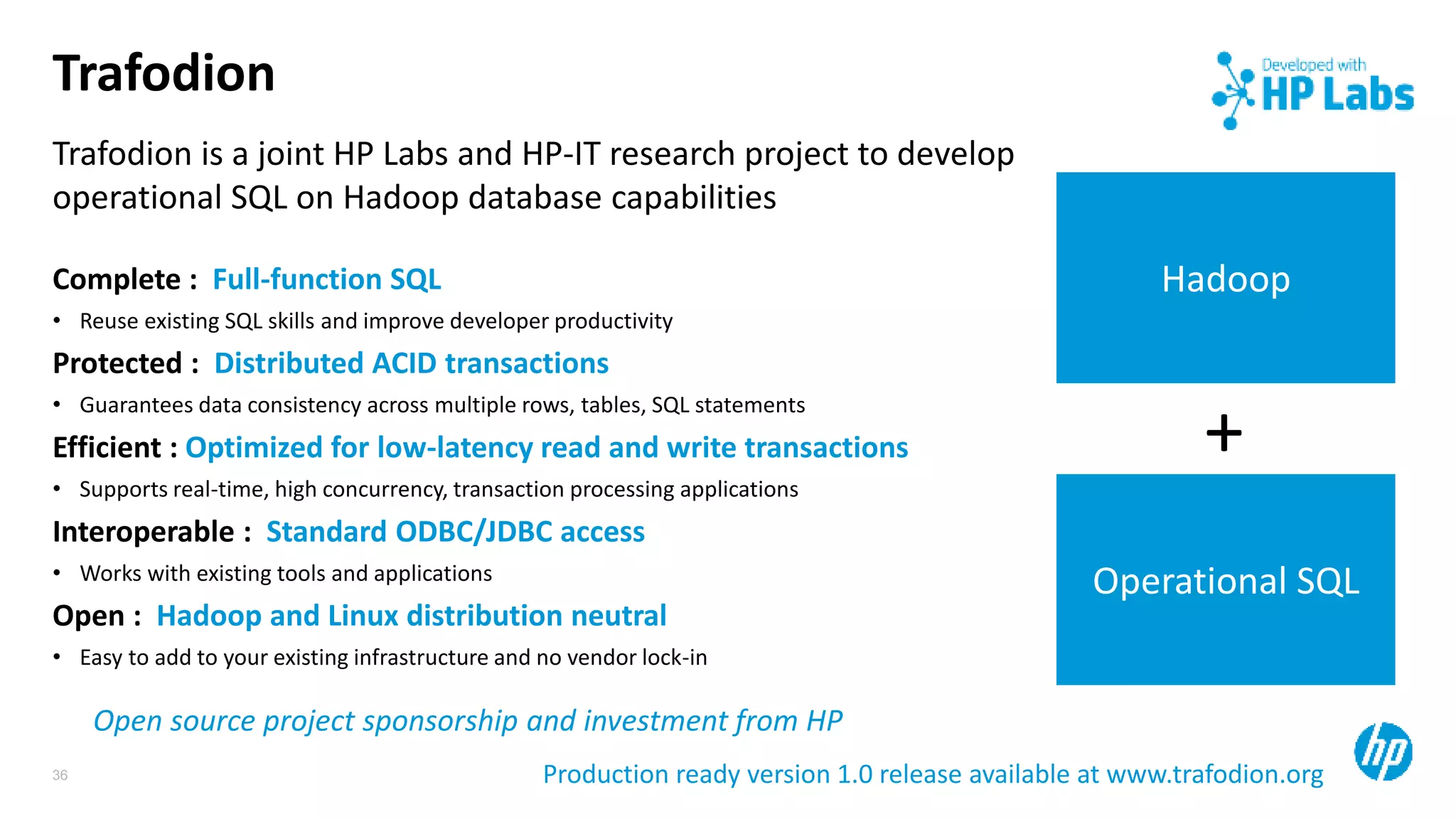 © Copyright 2015 Hewlett-Packard Development Company, L.P. The information contained herein is subject to change without notice.36
Trafodion
Trafodion is a joint HP Labs and HP-IT research project to develop
operational SQL on Hadoop database capabilities
Complete : Full-function SQL
• Reuse existing SQL skills and improve developer productivity
Protected : Distributed ACID transactions
• Guarantees data consistency across multiple rows, tables, SQL statements
Efficient : Optimized for low-latency read and write transactions
• Supports real-time, high concurrency, transaction processing applications
Interoperable : Standard ODBC/JDBC access
• Works with existing tools and applications
Open : Hadoop and Linux distribution neutral
• Easy to add to your existing infrastructure and no vendor lock-in
+
Operational SQL
Hadoop
Open source project sponsorship and investment from HP
Production ready version 1.0 release available at www.trafodion.org
 