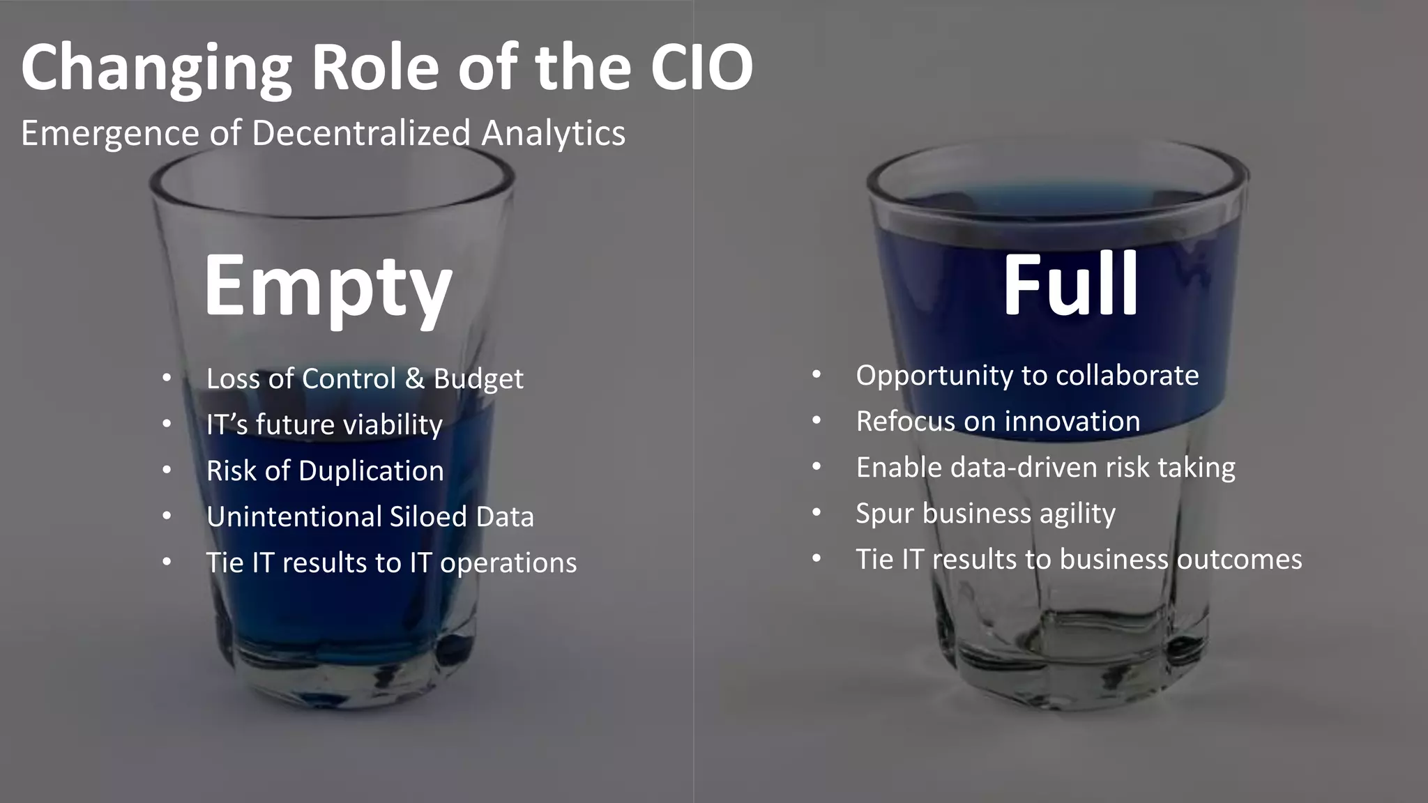 Empty
• Loss of Control & Budget
• IT’s future viability
• Risk of Duplication
• Unintentional Siloed Data
• Tie IT results to IT operations
Full
• Opportunity to collaborate
• Refocus on innovation
• Enable data-driven risk taking
• Spur business agility
• Tie IT results to business outcomes
Changing Role of the CIO
Emergence of Decentralized Analytics
 