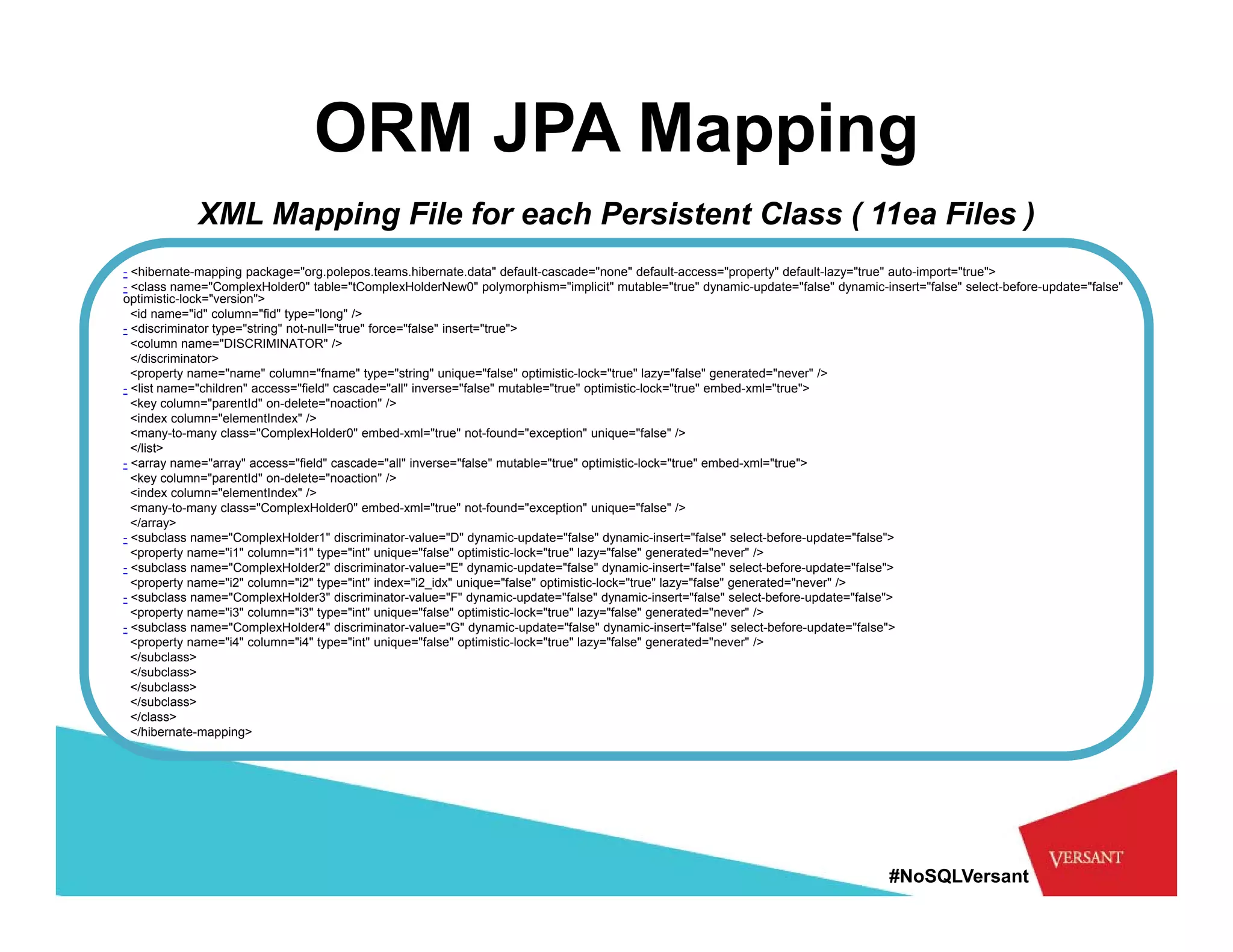 ORM JPA Mapping
            XML Mapping File for each Persistent Class ( 11ea Files )
- <hibernate-mapping package="org.polepos.teams.hibernate.data" default-cascade="none" default-access="property" default-lazy="true" auto-import="true">
- <class name="ComplexHolder0" table="tComplexHolderNew0" polymorphism="implicit" mutable="true" dynamic-update="false" dynamic-insert="false" select-before-update="false"
optimistic-lock="version">
   ti i ti l k "      i ">
  <id name="id" column="fid" type="long" />
- <discriminator type="string" not-null="true" force="false" insert="true">
  <column name="DISCRIMINATOR" />
  </discriminator>
  <property name="name" column="fname" type="string" unique="false" optimistic-lock="true" lazy="false" generated="never" />
- <list name="children" access="field" cascade="all" inverse="false" mutable="true" optimistic-lock="true" embed-xml="true">
  <key column="parentId" on-delete="noaction" />
  <index l
  <i d column="elementIndex" />
                  " l      tI d "
  <many-to-many class="ComplexHolder0" embed-xml="true" not-found="exception" unique="false" />
  </list>
- <array name="array" access="field" cascade="all" inverse="false" mutable="true" optimistic-lock="true" embed-xml="true">
  <key column="parentId" on-delete="noaction" />
  <index column="elementIndex" />
  <many-to-many class="ComplexHolder0" embed-xml="true" not-found="exception" unique="false" />
  </array>
- <subclass name="ComplexHolder1" discriminator-value="D" dynamic-update="false" dynamic insert="false" select before update="false">
                                        discriminator value="D" dynamic update="false" dynamic-insert="false" select-before-update="false">
  <property name="i1" column="i1" type="int" unique="false" optimistic-lock="true" lazy="false" generated="never" />
- <subclass name="ComplexHolder2" discriminator-value="E" dynamic-update="false" dynamic-insert="false" select-before-update="false">
  <property name="i2" column="i2" type="int" index="i2_idx" unique="false" optimistic-lock="true" lazy="false" generated="never" />
- <subclass name="ComplexHolder3" discriminator-value="F" dynamic-update="false" dynamic-insert="false" select-before-update="false">
  <property name="i3" column="i3" type="int" unique="false" optimistic-lock="true" lazy="false" generated="never" />
- <subclass name="ComplexHolder4" discriminator-value="G" dynamic-update="false" dynamic-insert="false" select-before-update="false">
  <property name="i4" column="i4" type="int" unique="false" optimistic-lock="true" lazy="false" generated="never" />
  </subclass>
  </subclass>
  </subclass>
  </subclass>
  </class>
  </hibernate-mapping>




                                                                                                                                   #NoSQLVersant
 