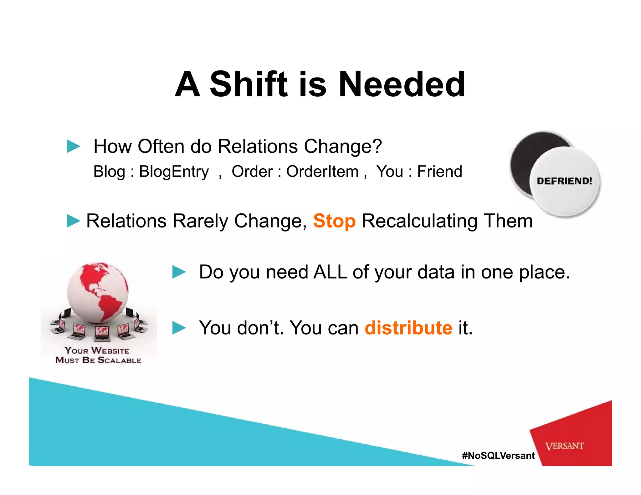 A Shift is Needed
► How Often do Relations Change?
                             g
  Blog : BlogEntry , Order : OrderItem , You : Friend


► R l ti
  Relations R l Ch
            Rarely Change, St R
                           Stop Recalculating Th
                                    l l ti Them

            ► Do you need ALL o you da a in o e p ace
               o      eed     of your data one place.

            ► You don’t. You can distribute it.




                                                    #NoSQLVersant
 