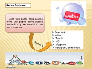 Redes Sociales:
Sitios web donde cada usuario
tiene una página donde publica
contenidos y se comunica con
otros usuarios.
 facebook,
 witter
 Tuenti
 Hi5
 Myspace
 Instagram, entre otras.
 