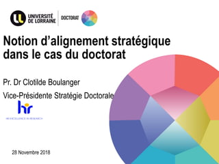 Notion d’alignement stratégique
dans le cas du doctorat
Pr. Dr Clotilde Boulanger
Vice-Présidente Stratégie Doctorale
28 Novembre 2018
 