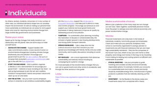 20
ONLY ONE EARTH PRACTICAL GUIDE | WORLD ENVIRONMENT DAY 2022
As citizens, workers, students, consumers or in any number of
other roles, our individual decisions shape how our societies
impact the environment. As well as making our personal lives
more sustainable, as individuals we can press for and support
faster and more far-reaching environmental change from
larger entities like governments and businesses.
Raise your voice
Speak up for the big changes that really transform our
relationship with the planet. Here are some ways to make
yourself heard:
•	 ADVOCATE FOR CHANGE – Support leaders with 			
	 clear commitments and/or a track record of action on 		
		
environmental emergencies including climate change, 	
	 biodiversity loss and pollution. Encourage your
	 government to join the net-zero coalition, live up to or		
	 increase their ecosystem restoration commitments and
	 get in line with the Paris Agreement.  
•	 START THE DISCUSSION – Start a petition, organize
	 a debate or call a demonstration to encourage your 		
	 government – national or local, including at city-level – as
	 well as big businesses to join the net-zero coalition,
	 transform transportation, restore and protect nature and 	
	 clean up our air and water. 
•	 ASK FOR ACTION – Ask your town council, employer,
	 school or university to set ambitious sustainability targets,
	 join the Race to Zero, support the UN Decade on
	 Ecosystem Restoration and take part in efforts to make
	 and monitor progress.  Encourage, put pressure on and
	 support your national and local governments and
	 businesses in taking measures to improve air quality by
	 addressing sources of air pollution. 
•	 CAMPAIGN – For sustainable urban planning, including
	 the restoration of disused or contaminated sites, the
	 inclusion of green spaces in new housing developments,
	 and strong public transport networks.
•	 SPREAD KNOWLEDGE – Take a deep dive into the
	 science around an issue that concerns you and
	 spread your knowledge with friends, family and your wider
	 community, and in public discussions, including on social
	media. 
•	 GET INVOLVED – Join a local organization that advances
	 sustainability and restores nature including by
	 campaigning for systemic change. 
For more examples of the transformative changes that you
can call on governments and other actors to accelerate, read
through the other sections in this guide.
Links
https://www.unep.org/explore-topics/climate-action/act-
now
https://natureforall.global/home
Make sustainable choices
Below is just a selection of the many ways we can change
our own lives. Taken together, sustainable personal choices
have the power to reshape local and national economies and
power transformative change.
Money
Financial investments are a key lever in the hands of
individuals, students, community groups and employees.
Check and make sure your personal, workplace, town,
school or community organisation’s savings, pension or
investments are with financial institutions that set and meet
high sustainability standards – they are the companies of
the future! If you own, inherit or buy your own home or other
property, save energy and money in the long run by insulating
it and making its heating and cooling systems as efficient and
sustainable as possible. 
•	 ETHICAL INVESTING – Use your principles to guide
	 investing and consider socially and environmentally
	 responsible options. For example, transfer your accounts
	 to a sustainable bank and invest in stocks and bonds
	 issued by renewable energy firms, manufacturers of green
	 products or polluters that are radically cleaning up their
	act. 
•	 DIVESTMENT – As the flipside to the above, swap your
	 investments away from companies with a heavy
Individuals
 