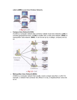 called LAWN (Local Area Wireless Network).
 Campus Area Network (CAN):
A CAN is a computer network that connects multiple local area networks (LAN) in
a limited geographical area. A CAN is smaller than a wide area network (WAN) or
metropolitan area network (MAN). It can be set up by a college, company and so
on.
 Metropolitan Area Network (MAN):
A MAN is a computer network that usually covers a larger area than a LAN. For
example, a network that connects two offices in a city, a neighbourhood area and
so on.
 