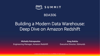 © 2018, Amazon Web Services, Inc. or its affiliates. All rights reserved.
Michalis Petropoulos
Engineering Manager, Amazon Redshift
Greg Rokita
Executive Director, Edmunds
BDA306
Building a Modern Data Warehouse:
Deep Dive on Amazon Redshift
 