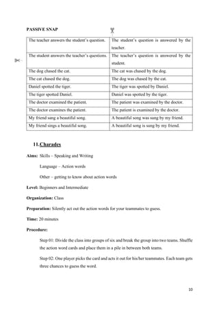 10
PASSIVE SNAP
The teacher answers the student’s question. The student’s question is answered by the
teacher.
The student answers the teacher’s questions. The teacher’s question is answered by the
student.
The dog chased the cat. The cat was chased by the dog.
The cat chased the dog. The dog was chased by the cat.
Daniel spotted the tiger. The tiger was spotted by Daniel.
The tiger spotted Daniel. Daniel was spotted by the tiger.
The doctor examined the patient. The patient was examined by the doctor.
The doctor examines the patient. The patient is examined by the doctor.
My friend sang a beautiful song. A beautiful song was sung by my friend.
My friend sings a beautiful song. A beautiful song is sung by my friend.
11.Charades
Aims: Skills – Speaking and Writing
Language – Action words
Other – getting to know about action words
Level: Beginners and Intermediate
Organization: Class
Preparation: Silently act out the action words for your teammates to guess.
Time: 20 minutes
Procedure:
Step 01: Divide the class into groups of six and break the group into two teams. Shuffle
the action word cards and place them in a pile in between both teams.
Step 02: One player picks the card and acts it out for his/her teammates. Each team gets
three chances to guess the word.
 