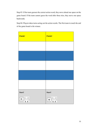 11
Step 03: If the team guesses the correct action word, they move ahead one space on the
game board. If the team cannot guess the word after three tries, they move one space
backwards.
Step 04: Players takes turns acting out the action words. The first team to reach the end
of the game board is the winner.
Finish! Finish!
Start! Start!
0201
 