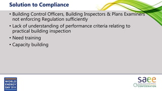 • Building Control Officers, Building Inspectors & Plans Examiners
not enforcing Regulation sufficiently
• Lack of understanding of performance criteria relating to
practical building inspection
• Need training
• Capacity building
Solution to Compliance
 