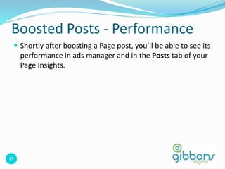 39
Boosted Posts - Performance
 Shortly after boosting a Page post, you’ll be able to see its
performance in ads manager and in the Posts tab of your
Page Insights.
39
 