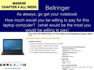 Bellringer
As always, go get your notebook
How much would you be willing to pay for this
laptop computer? (what would be the most you
would be willing to pay)
MANKIW
CHAPTER 4 ALL WEEK
 