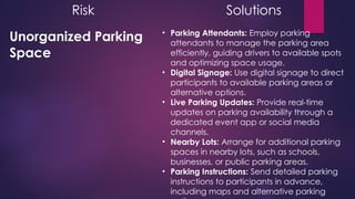 Risk Solutions
Unorganized Parking
Space
• Parking Attendants: Employ parking
attendants to manage the parking area
efficiently, guiding drivers to available spots
and optimizing space usage.
• Digital Signage: Use digital signage to direct
participants to available parking areas or
alternative options.
• Live Parking Updates: Provide real-time
updates on parking availability through a
dedicated event app or social media
channels.
• Nearby Lots: Arrange for additional parking
spaces in nearby lots, such as schools,
businesses, or public parking areas.
• Parking Instructions: Send detailed parking
instructions to participants in advance,
including maps and alternative parking
 