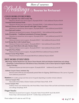 Hors d’ oeuvres



Cold Hors d’oeuvres
 Garden vegetable Tray with Creamy dip
       Minimum 100 piece tray (serves approx. 20 people) $35.00 • Each additional 50 pieces $16.00
 Assorted Fresh seasonal Fruits
       Minimum 100 piece tray (serves approx. 20 people) $38.00 • Each additional 50 pieces $18.00
 selected Cheeses and Cheese spread with light, Crispy Crackers
       Minimum two pound tray (serves approx. 20 people) $46.00 • Each additional pound $22.00
 liver Paté and Crackers
       Minimum one pound (serves approx. 20 people) $18.00 • Each additional half pound $8.00
 Kalte Wurstplatte – Traditional assortment of German sausages
       Minimum two pound tray (serves approx. 20 people) $35.00 • Each additional pound $17.00
 Assorted Canapes
       Minimum 40 pieces (serves approx. 20 people) $38.00 • Each additional 20 pieces $18.00
 Iced shrimp Bowl with Cocktail sauce
       Minimum 50 pieces (serves approx. 20 people) $80.00 • Each additional 25 pieces $39.00
 Mini-Cream Puffs filled with tasty Chicken salad
       Minimum 40 pieces (serves approx. 20 people) $35.00 • Each additional 20 pieces $16.00
 vegetable Pizza Platter
       Minimum 60 pieces (serves approx. 20 people) $38.00 Each additional 30 pieces $18.00
 Chicken Caesar Wrap Platter
       Minimum 40 pieces (serves 20 people) $46.00 Each additional 20 pieces $22.00


HoT Hors d’oeuvres
 BBQ Wings, stuffed Mushroom Caps, Bacon Cheese rounds, Kohl und schinken Knödel (ham and cabbage
  dumplings), Cocktail Bratwurst with Barbecue sauce, Bruschetta, Crab & Cheese spread on english Muffins,
  Cheesy Crab Bites
      Minimum 50 pieces per item (serves approx. 25 people) $52.00 Additional 25 pieces $25.00

 Hofbräu Gruyére Cheese Artichoke dip
       Served warm with our own hausmade pretzel bites for dipping $24.00 Minimum 3 lbs. (serves 12 guests)
       Each additional pound $7.50

starters (For smaller groups-each item serves 2-4 guests depending on number of items ordered.)
 American sampler Plate
      Mozzarella Cheese Sticks, Chicken Tenders and Potato Cheese Puffs. $7.95
 German sampler Plate
      Hofbräu Cheese and Artichoke Dip with Pretzel Bites, Potato Cheese Puffs and Kohl and Schinken Knödel (ham
      and cabbage dumplings) $6.95

Finger snacks
       Minimum one pound (serves approx. 10 people) Butter Pretzels $8.95 Snack Mix $10.95
       Potato Chips with homemade dip $11.95 Tortilla Chips and Salsa $13.95

Prices subject to 6% sales tax and 15% tip.
                                                                                                     4 of 17
 