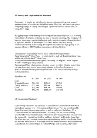 5.0 Strategy and Implementation Summary
Our strategy is simple: we intend to provide our customers with a wide range of
services custom tailored to their individual needs. Therefore, whether they require a
complete package, or simply consulting on a particular service, we can help.5.1
Competitive Edge
By aggregating a complete range of wedding services under one roof, TLC Wedding
Consultants will offer its customers the ease of one-stop shopping. The company will
leverage its owners' expertise in planning such events to competitively position itself
as a premier provider of wedding services. Both owners have very strong
communication skills that will help develop the 'buzz' about the high quality of the
services offered by TLC Wedding Consultants.5.2 Sales Strategy
The company's sales strategy will be based on the following elements:
Advertising in the Yellow Pages - two inch by three inch ads describing the services
will be placed in the local Yellow Pages.
Placing advertisements in the local press, including The Register Guard, Eugene
Weekly, The Oregon Daily Emerald.
Developing affiliate relationships with other service providers (florists, hair stylists,
caterers) that would receive a percentage of sales to the referred customers.
Word of mouth referrals - generating sales leads in the local community through
customer referrals.
Sales Forecast
FY 2001 FY 2002 FY 2003
Sales
Brides & Grooms $54,200 $65,040 $71,544
Family Members $25,800 $30,960 $34,056
Other $15,300 $18,360 $20,196
Total Sales $95,300 $114,360 $125,796
6.0 Management Summary
Our wedding consultants are Darla and Micah Johnson. Collaboratively they have
planned and serviced over 150 weddings and receptions. They are knowledgeable
about all areas of planning, decorating, as well as budgeting. Darla has a BS in
Communications and a minor in Interior Decorating. She has been a wedding
consultant for five years and became interested in providing consultant services when
she successfully planned her first five weddings for family and friends. Since then,
Darla has received extensive training in wedding planning and her certification from
the National Association of Wedding Consultants and Professional Wedding Planners.
Micah has an Associates Degree in Fashion Design, and, like Darla, she became
 