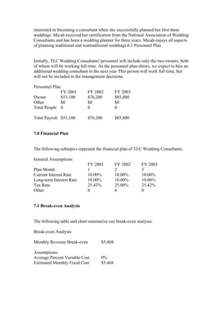interested in becoming a consultant when she successfully planned her first three
weddings. Micah received her certification from the National Association of Wedding
Consultants and has been a wedding planner for three years. Micah enjoys all aspects
of planning traditional and nontraditional weddings.6.1 Personnel Plan
Initially, TLC Wedding Consultants' personnel will include only the two owners, both
of whom will be working full time. As the personnel plan shows, we expect to hire an
additional wedding consultant in the next year This person will work full time, but
will not be included in the management decisions.
Personnel Plan
FY 2001 FY 2002 FY 2003
Owner $53,100 $76,200 $85,800
Other $0 $0 $0
Total People 0 0 0
Total Payroll $53,100 $76,200 $85,800
7.0 Financial Plan
The following subtopics represent the financial plan of TLC Wedding Consultants.
General Assumptions
FY 2001 FY 2002 FY 2003
Plan Month 1 2 3
Current Interest Rate 10.00% 10.00% 10.00%
Long-term Interest Rate 10.00% 10.00% 10.00%
Tax Rate 25.42% 25.00% 25.42%
Other 0 0 0
7.1 Break-even Analysis
The following table and chart summarize our break-even analysis.
Break-even Analysis
Monthly Revenue Break-even $5,468
Assumptions:
Average Percent Variable Cost 0%
Estimated Monthly Fixed Cost $5,468
 