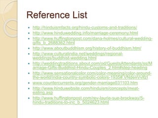 Reference List
 http://hinduismfacts.org/hindu-customs-and-traditions/
 http://www.hinduwedding.info/marriage-ceremony.html
 http://www.huffingtonpost.com/dana-holmes/cultural-wedding-
gifts_b_2688362.html
 http://www.aboutbuddhism.org/history-of-buddhism.htm/
 http://www.culturalindia.net/weddings/regional-
weddings/buddhist-wedding.html
 http://weddingtraditions.about.com/od/GuestsAttendants/ss/M
arriage-Gifts-Buddhist-Hindu-Couples_2.htm#step-heading
 http://www.sensationalcolor.com/color-meaning/color-around-
the-world/india-country-symbolic-colors-1935#.VNdenVvlfzI
 www.countercurrents.org/gender-marriage031103.htm
 http://www.hinduwebsite.com/hinduism/concepts/meat-
eating.asp
 http://www.huffingtonpost.com/rev-laurie-sue-brockway/5-
hindu-traditions-to-inc_b_5024623.html
 
